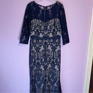 Chaya Navy Blue Lace Overlay Mermaid Formal Gown Prom Pageant Maxi Dress Size 6